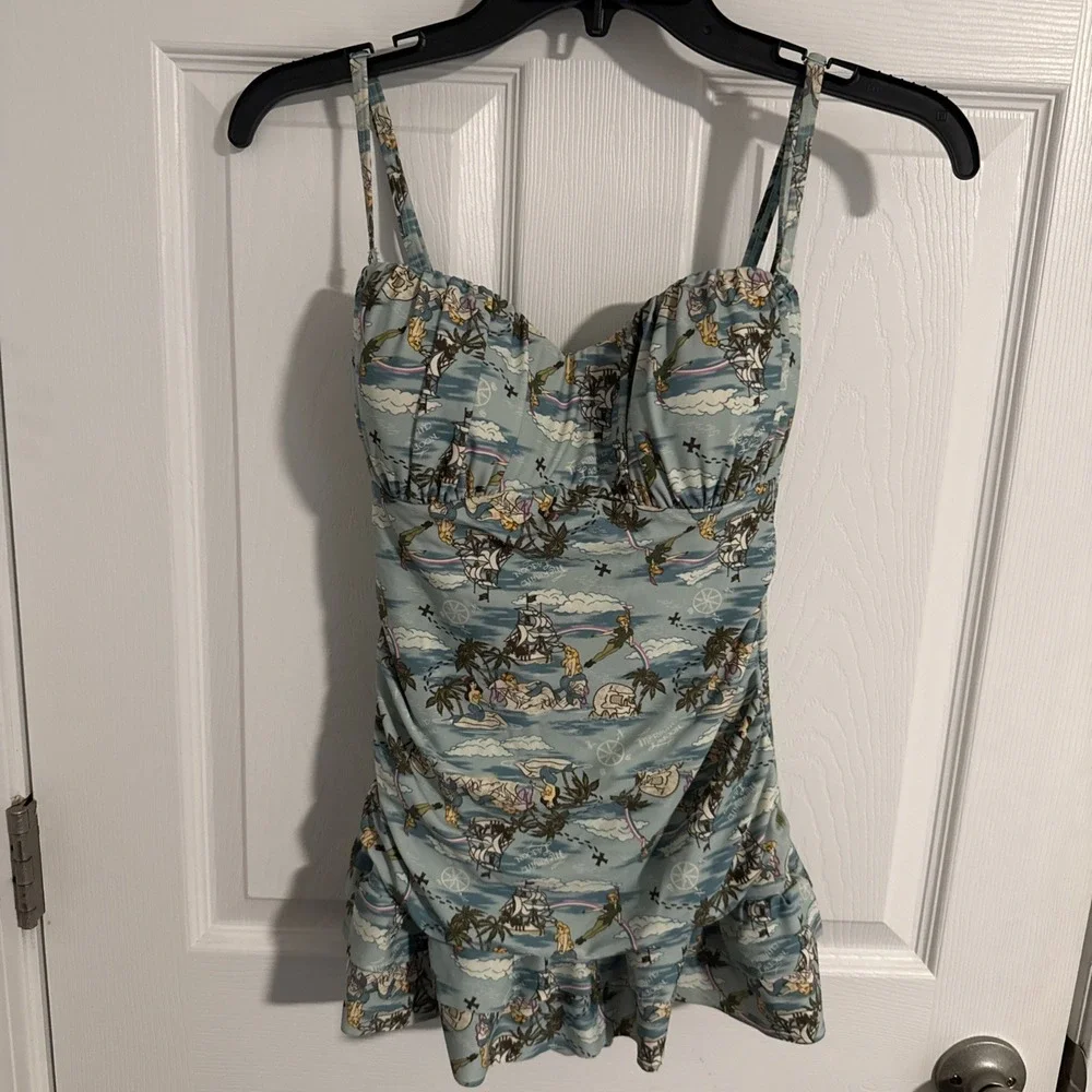 DISNEY Peter Pan Mermaid Lagoon Swimsuit Swim Dress Woman's Size S Padded Ruched